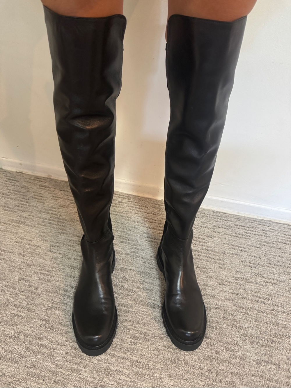 Stuart Weitzman Gotham Knee-High Boots Black Leather Lug Sole NIB Goth Biker 7.5